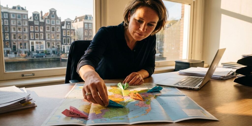 Nederlandse zakenvrouw plant marketingstrategie met papieren vliegtuigjes op Nederland kaart, laptop op bureau