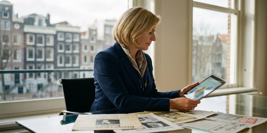 Nederlandse zakenvrouw met tablet en marketinggrafieken aan glazen bureau, Amsterdamse grachten op achtergrond