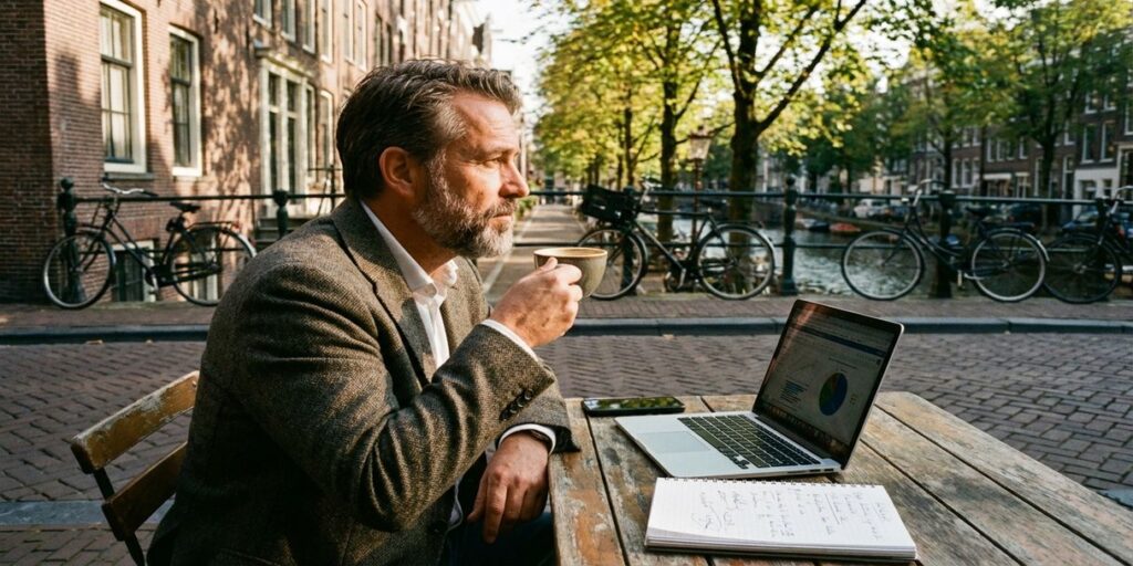 Nederlandse ondernemer aan café tafel bij Amsterdamse gracht met laptop, smartphone en notities, fietsen op straat