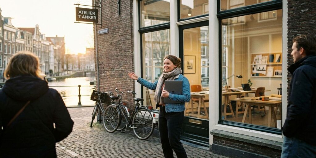 Ondernemer met laptop voor moderne winkel in Amsterdams grachtenpand, fietsen langs geplaveide straat, gouden uurtje