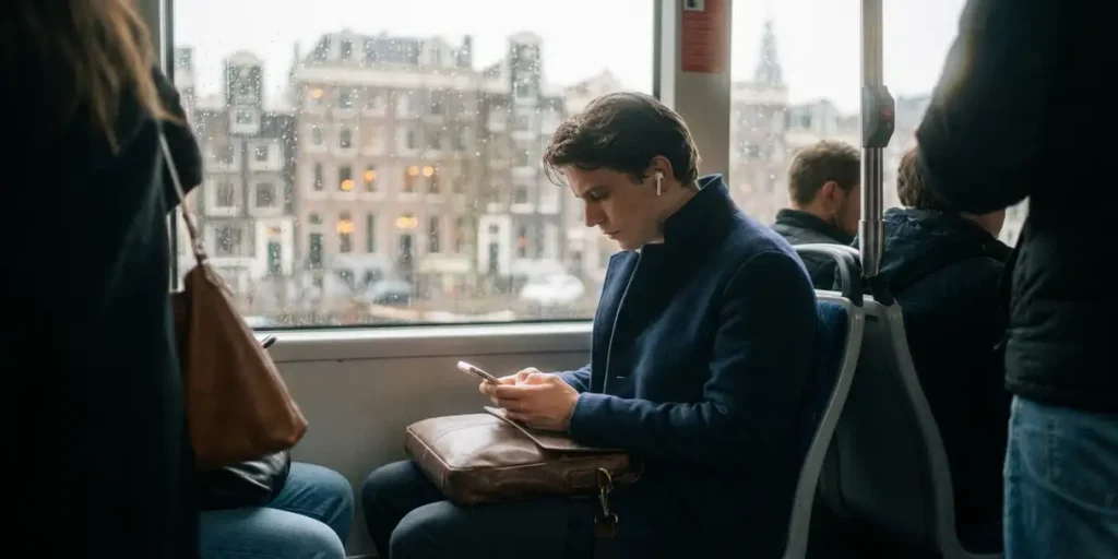 Pendulaar met draadloze oordopjes en smartphone in Amsterdamse tram, laptoptas op schoot, grachtenhuizen zichtbaar door regendruppels op het raam.