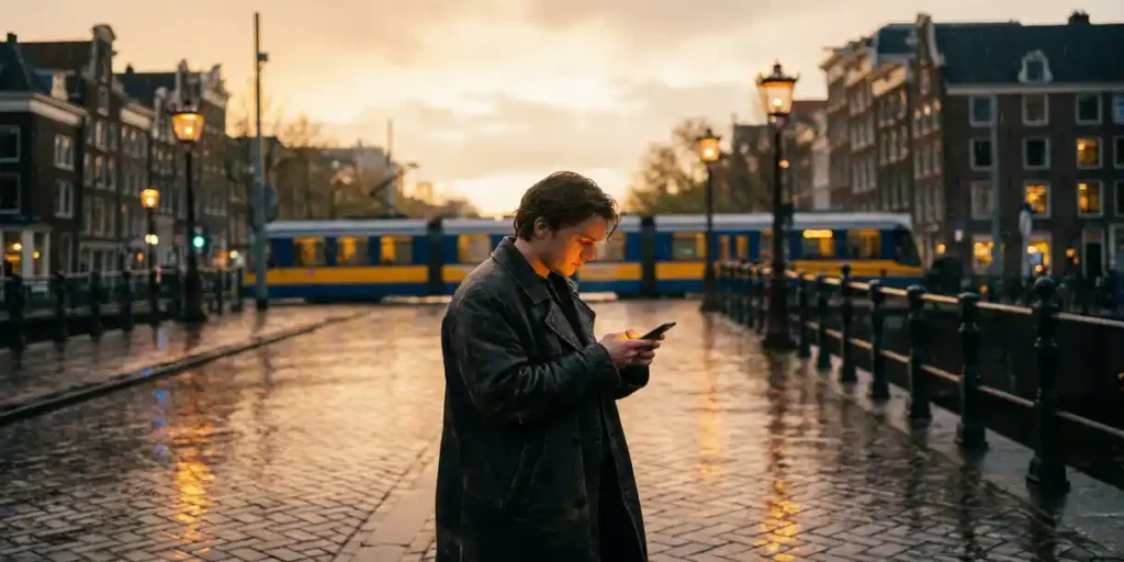 Forens op smartphone op natte Amsterdamse grachtenbrug tijdens gouden uur, tram wazig op achtergrond, warme amber en marineblauw tinten.