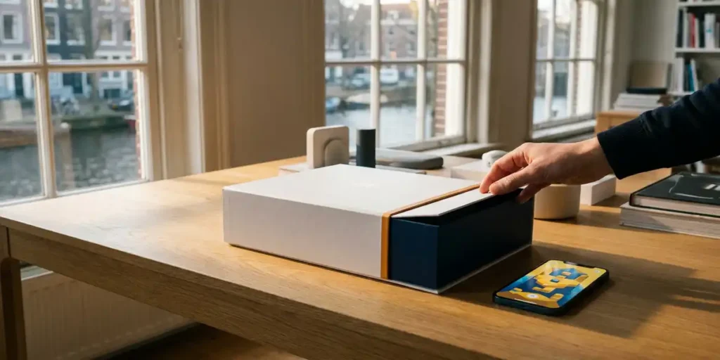 Nieuw productdoosje onthuld op eikenhouten bureau in Amsterdams grachtenpand, met smartphone en warm middaglicht.