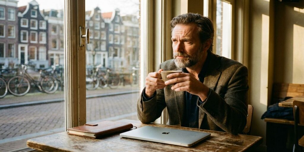 Professional met koffiekopje in café overlookt Amsterdamse grachtenhuizen door groot raam, laptop en notitieblok op tafel