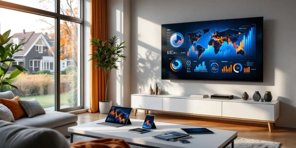 Moderne Nederlandse woonkamer met smart TV die data-visualisaties toont en tablets met programmatic advertising dashboards
