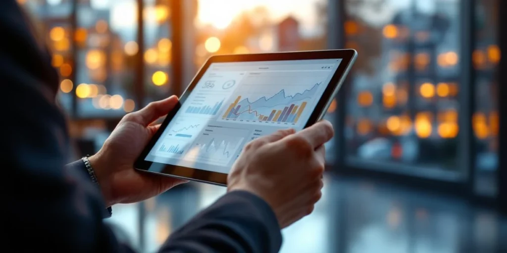 Handen houden tablet met programmatic advertising analytics dashboard in modern Amsterdam kantoor met grachtenhuizen op achtergrond