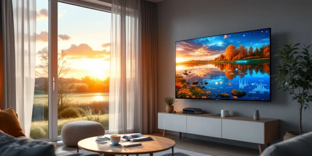 Moderne smart TV in Nederlandse woonkamer met digitale advertentie-elementen en data-visualisaties voor programmatic advertising