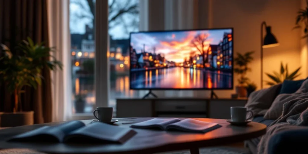 Smart TV toont kleurrijke advertenties in moderne Nederlandse woonkamer met digitale targeting-symbolen en grachtenhuizen buiten