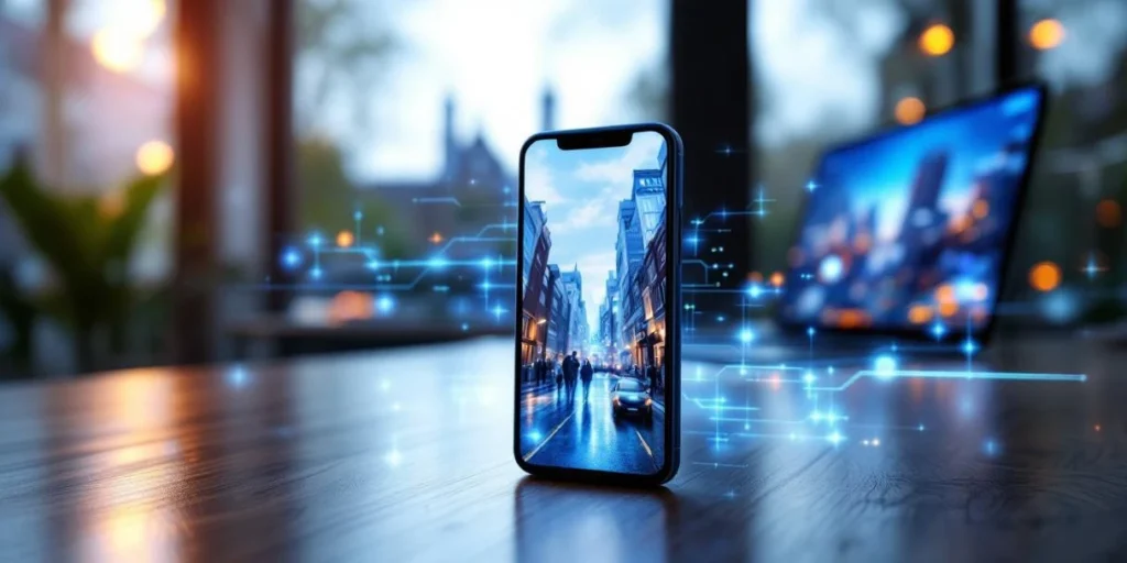 Smartphone met kleurrijke advertenties zweeft boven Amsterdams kantoor, verbonden met laptop en tablet via blauwe datalijnen