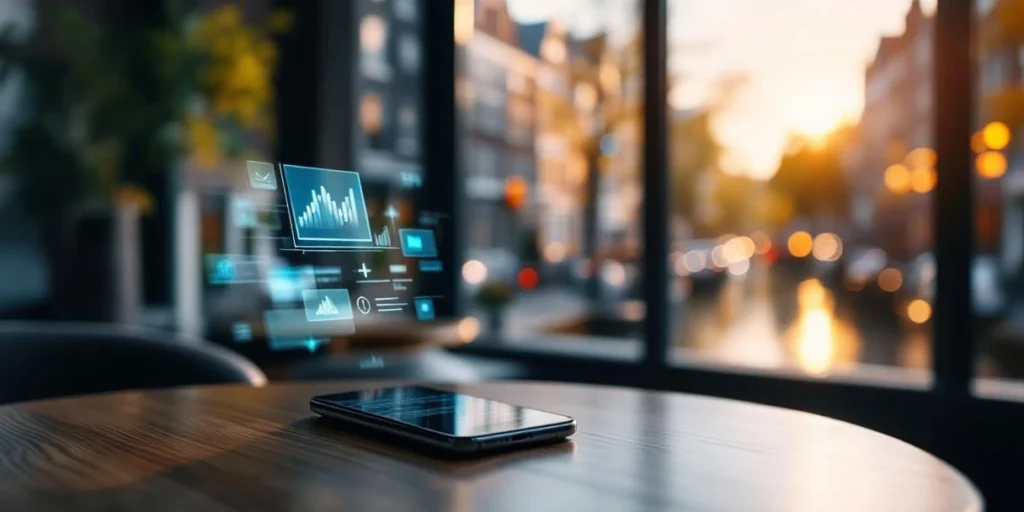 Smartphone met kleurrijke display advertenties op bureau in Amsterdam kantoor met digitale marketing grafieken