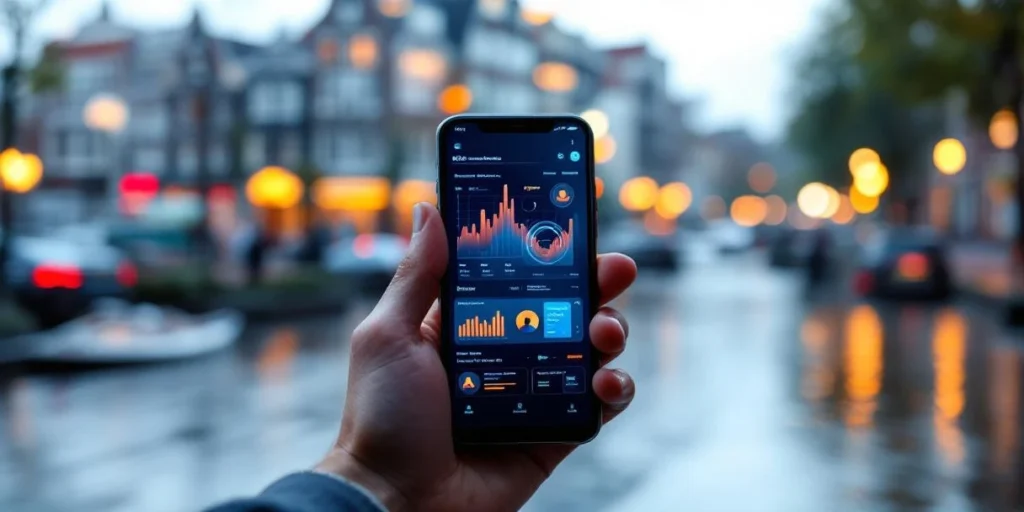 Smartphone toont kleurrijke B2B advertentie op Nederlands kantoorbureau met Amsterdamse grachten op achtergrond