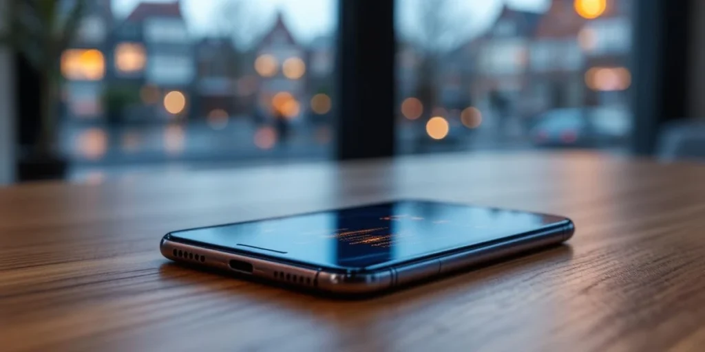 Moderne smartphone op houten bureau toont kleurrijke advertentie-interface, Amsterdam grachten op achtergrond, digitale elementen