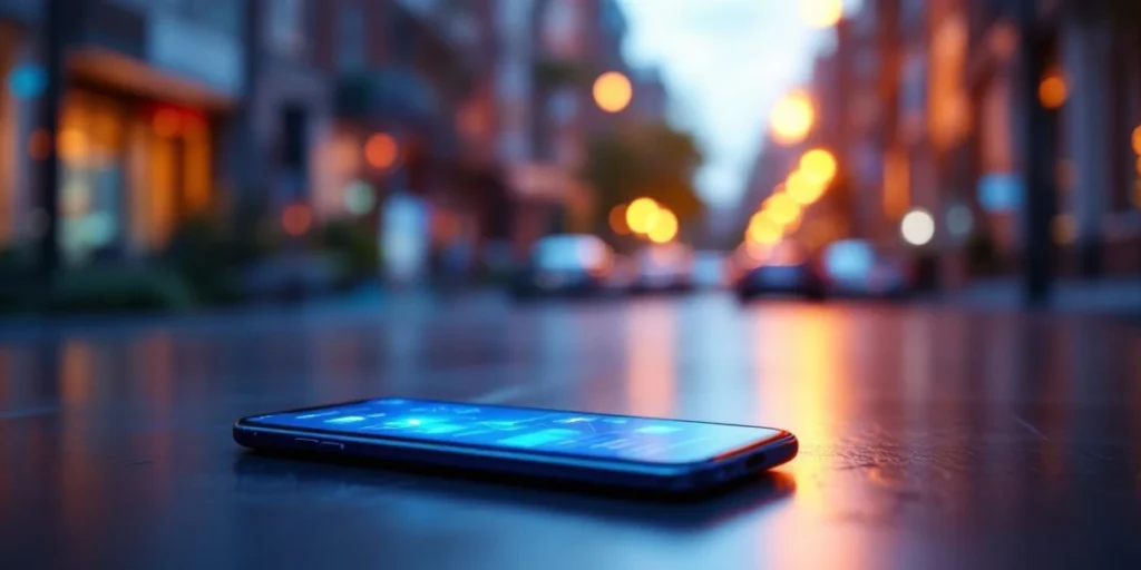 Smartphone toont kleurrijke display advertenties met grafieken op modern Nederlands kantoor met stadszicht