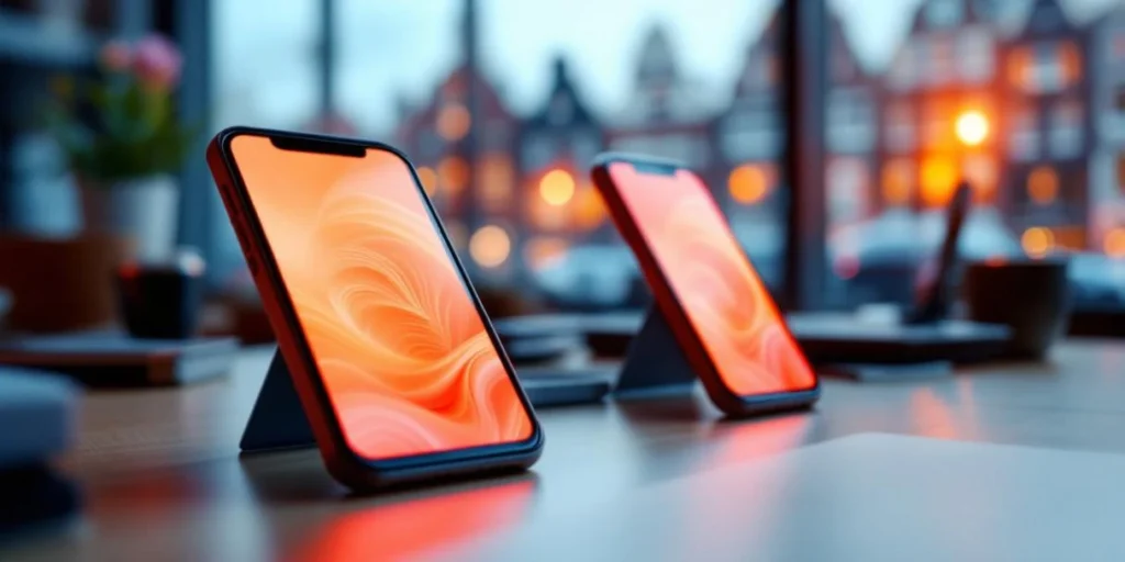 Smartphones met kleurrijke mobile advertenties op marketeer bureau in Amsterdam kantoor met grachtenhuizen op achtergrond