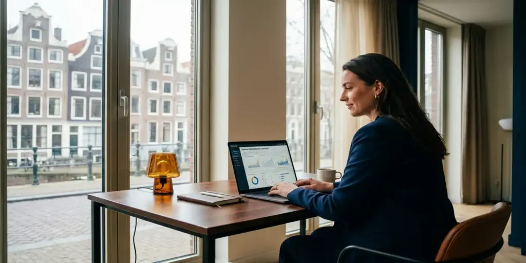 Marketingprofessional bekijkt programmatic advertising dashboard op laptop in Amsterdams kantoor met uitzicht op grachten en daken.
