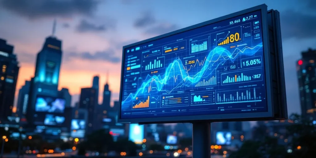 Digitaal billboard toont datavisualisaties en optimalisatiegrafieken in blauw en oranje tegen stedelijke achtergrond bij schemering