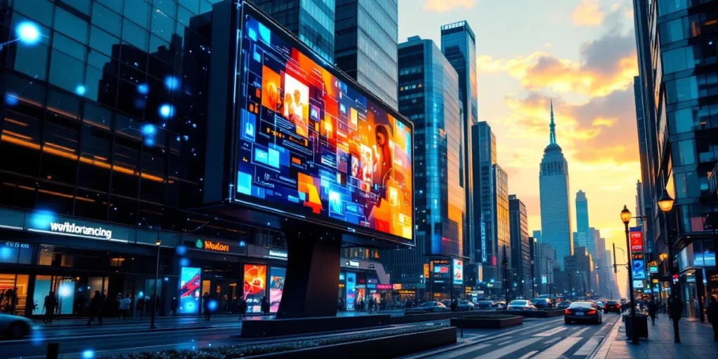 Futuristisch digitaal billboard met dynamische advertenties in moderne stadswijk tijdens gouden uur