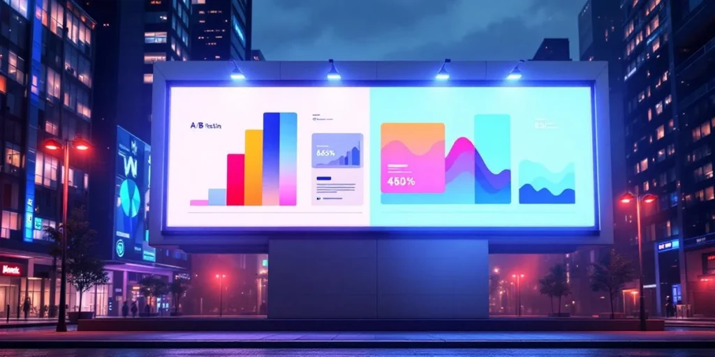 Digitaal billboard toont A/B-test advertenties in split-screen formaat tegen moderne stedelijke nachtachtergrond