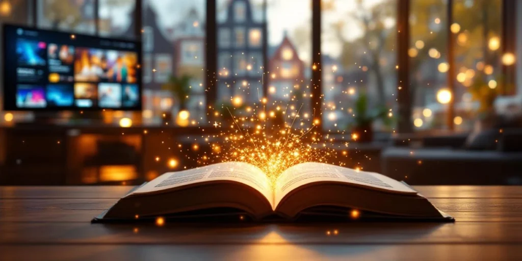 Zwevend sprookjesboek met digitale lichtstralen naar Connected TV-schermen in modern Amsterdam kantoor met grachtenhuizen