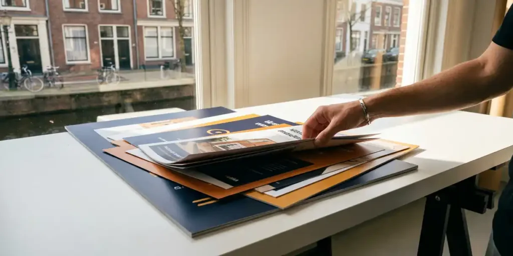 Grafisch ontwerper rangschikt gedrukte advertenties op wit bureau in Haarlemse studio met uitzicht op gracht, warm middaglicht.