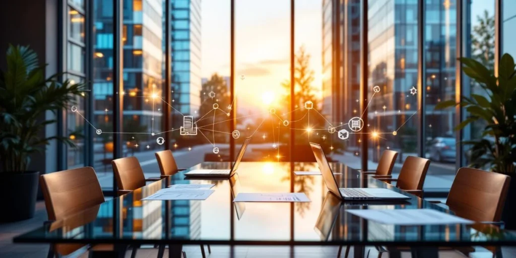 Moderne Nederlandse kantooromgeving met CV's en laptops op glazen tafel, holografische recruitment iconen zwevend