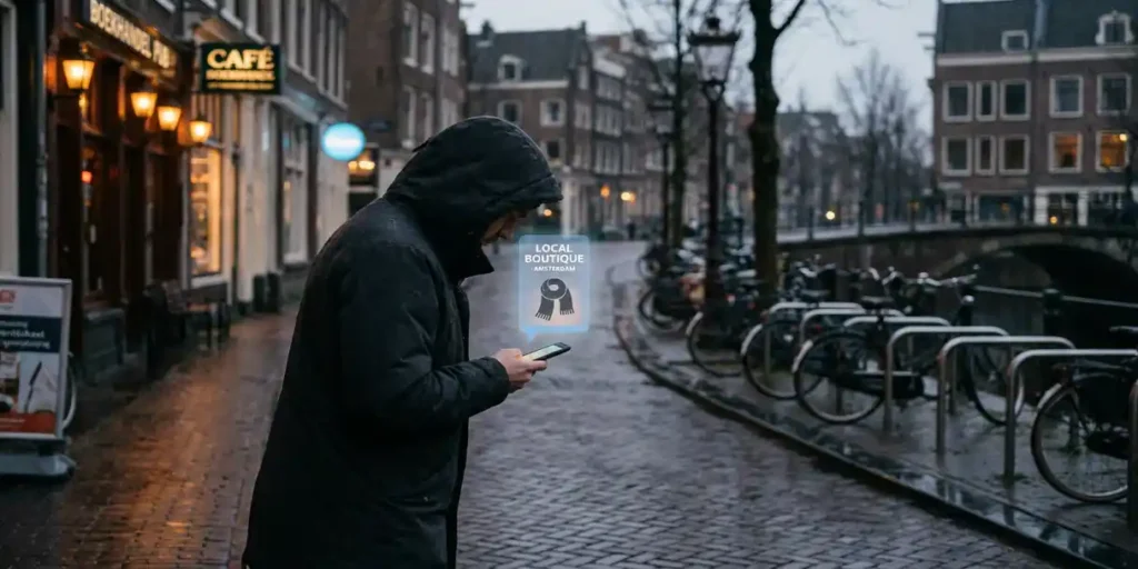 Voetganger op regenachtig Amsterdams straatje met smartphone waarop een gerichte advertentie zichtbaar is, natte kinderkopjes en fietsenrek op achtergrond.