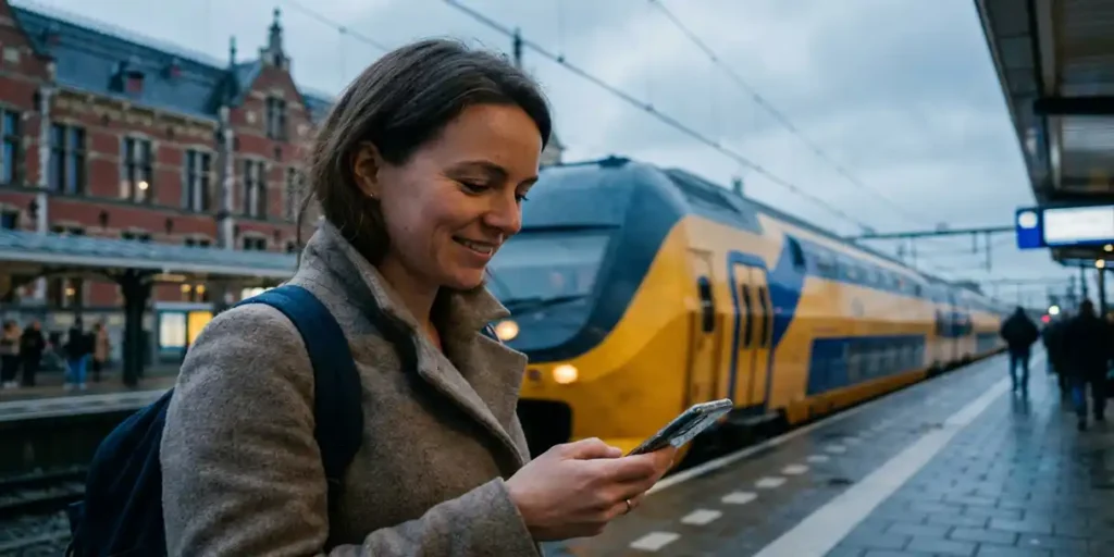 Nederlandstalige forens op druk Amsterdams treinperron checkt smartphone, NS intercitytrein op de achtergrond, bakstenen stationsarchitectuur zichtbaar.