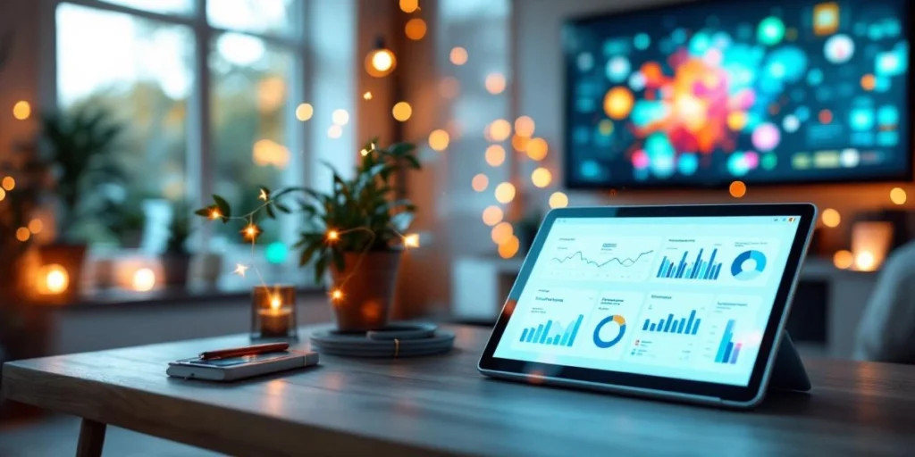 Nederlandse woonkamer met smart TV die digitale advertenties toont en tablet met remarketing-dashboards op salontafel