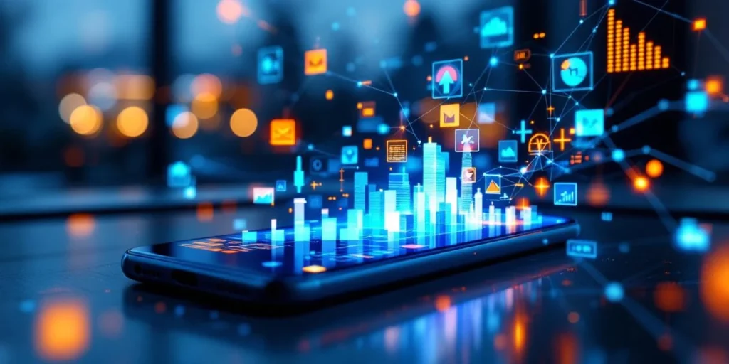 Smartphone met retargeting-advertenties op scherm, omringd door holografische data-visualisaties in Amsterdams kantoor