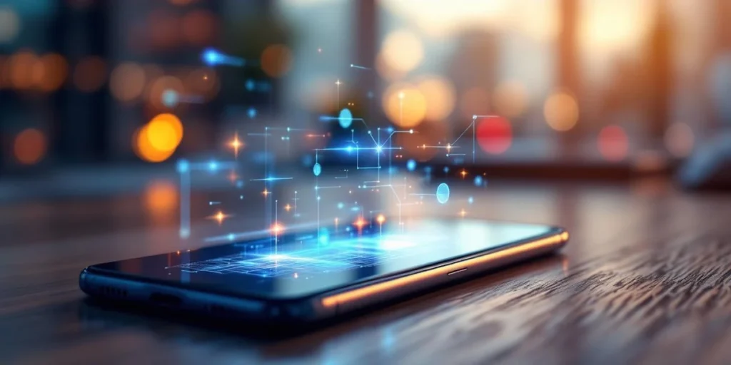 Smartphone op houten bureau toont digitale advertenties met holografische retargeting-pijlen in Nederlands kantoor