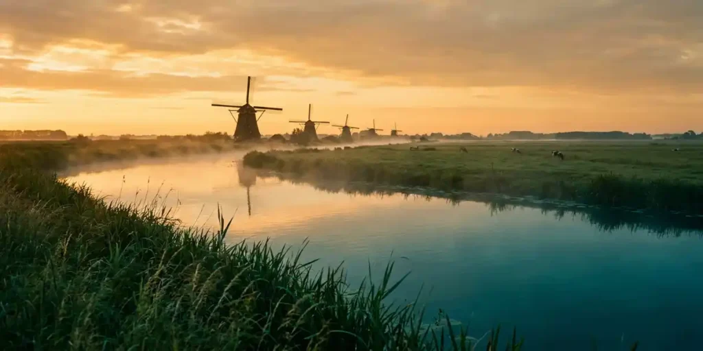 Rustige rivier in een Hollands poldergebied bij zonsopgang, met ochtendmist, weerspiegeling op het water en windmolens aan de horizon.
