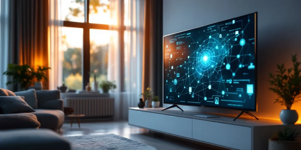 Moderne smart TV in Nederlandse woonkamer met netwerkpictogrammen die verbinding tonen naar smartphone, tablet en laptop