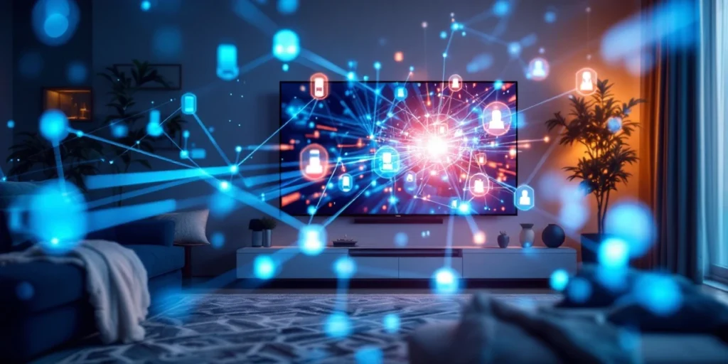 Moderne Nederlandse woonkamer met smart TV en holografische media-apparaten verbonden door blauwe netwerklijnen