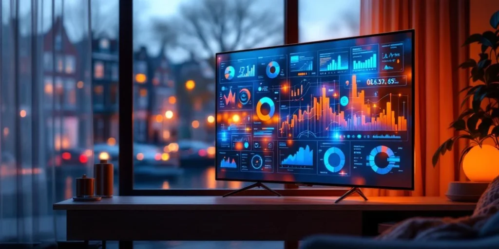Smart TV met data-visualisaties en holografische elementen in moderne Nederlandse woonkamer met uitzicht op Amsterdamse grachten