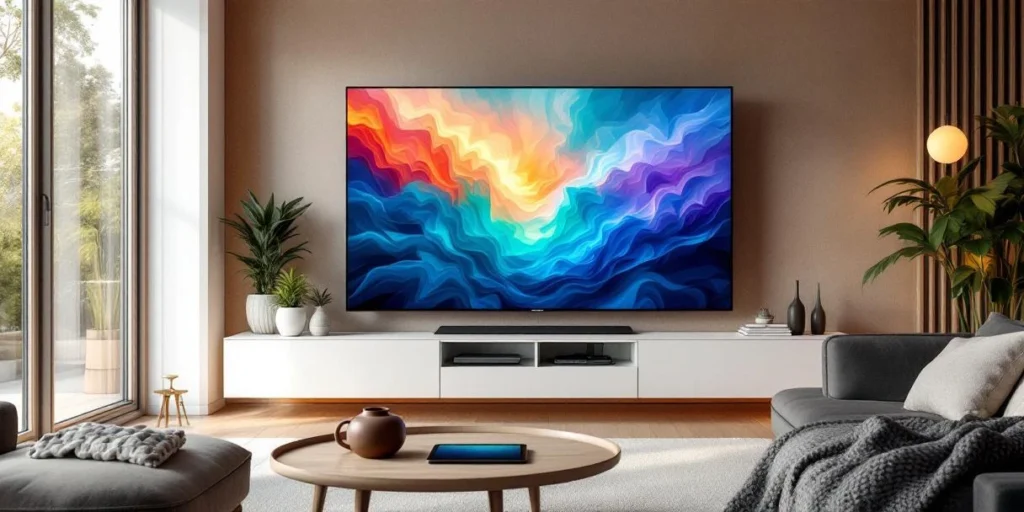Moderne Nederlandse woonkamer met grote smart TV die kleurrijke reclame toont, warm avondlicht door ramen
