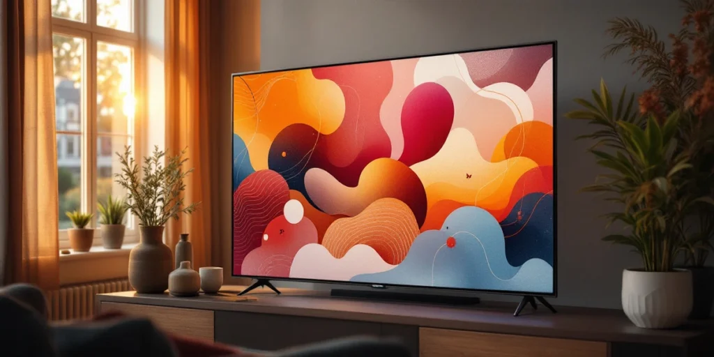 Moderne smart TV toont seizoensgebonden visuele elementen in Nederlandse woonkamer met grachtenpanddetails