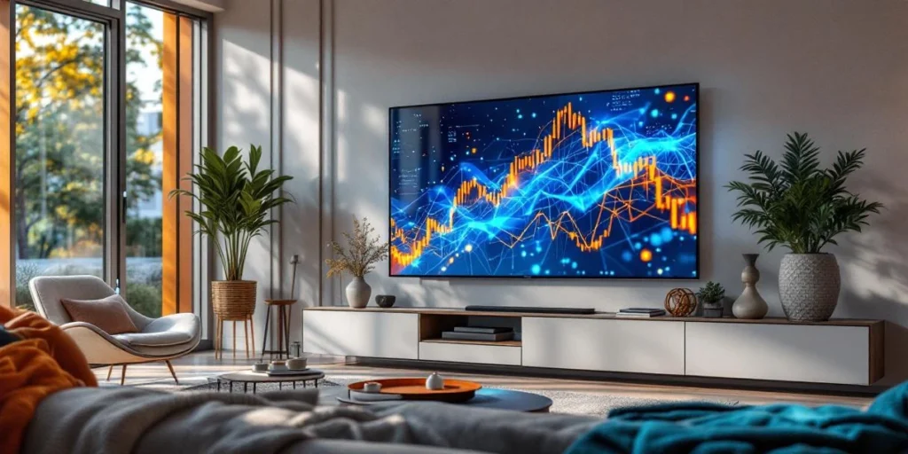 Moderne Nederlandse woonkamer met smart TV die digitale data-visualisaties en holografische netwerkelementen toont