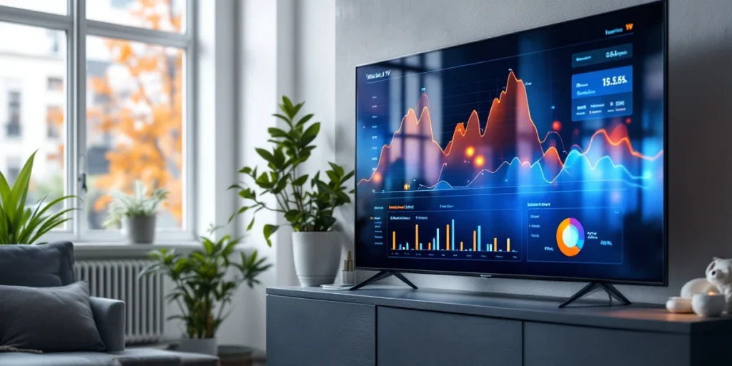 Moderne smart TV met data-visualisaties op Scandinavisch dressoir in Nederlandse woonkamer met natuurlijk licht