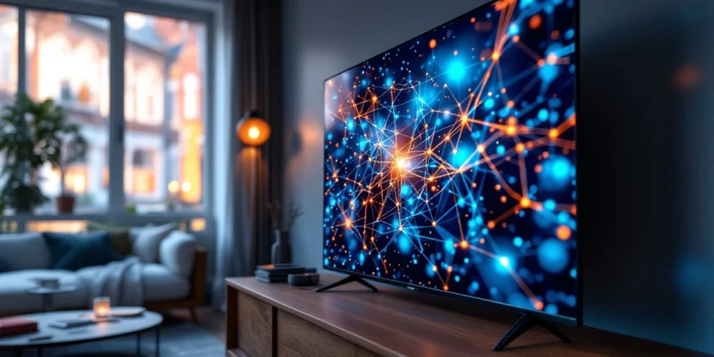 Smart TV met digitale datastromen in oranje en blauw in Nederlandse woonkamer met grachtenpandarchitectuur