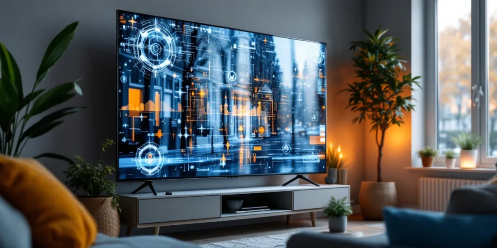 Smart TV toont contextgerichte advertenties in moderne Nederlandse woonkamer met grachtzicht en digitale targeting-symbolen