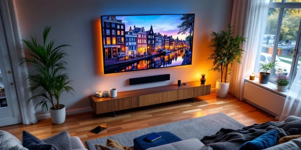 Smart TV toont kleurrijke data-visualisaties in moderne Nederlandse woonkamer met grachtenhuizen op achtergrond