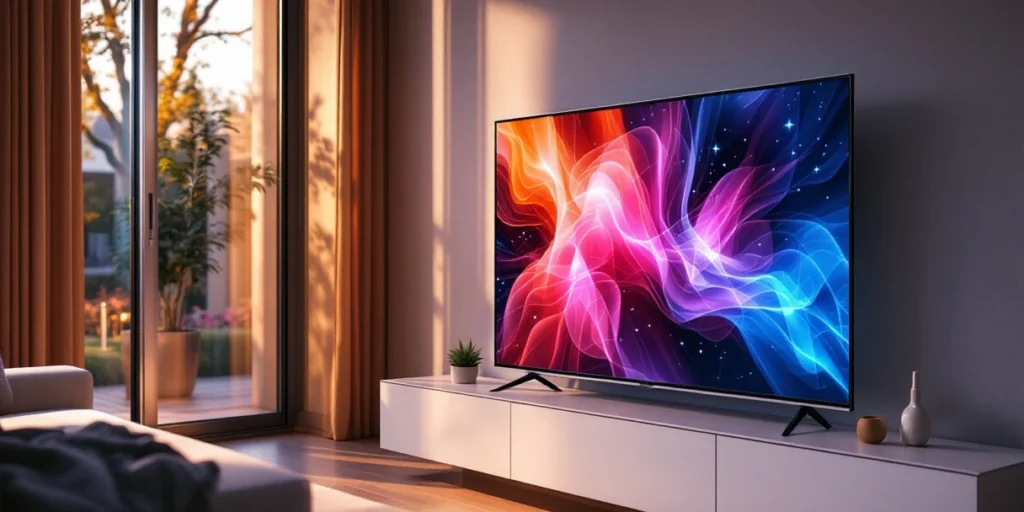 Smart TV met kleurrijke advertentie in moderne Nederlandse woonkamer met digitale netwerkiconen en avondverlichting