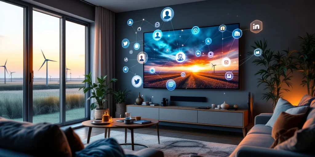 Moderne Nederlandse woonkamer met smart TV, holografische sociale media iconen en tablet met analytics op salontafel