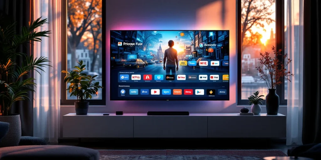 Moderne smart TV met streaming interfaces en holografische projecties in Nederlandse woonkamer met grachtenhuisarchitectuur