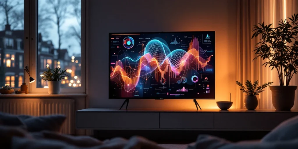 Smart TV met datavisualisaties en targeting-grafieken in moderne Nederlandse woonkamer met avondverlichting