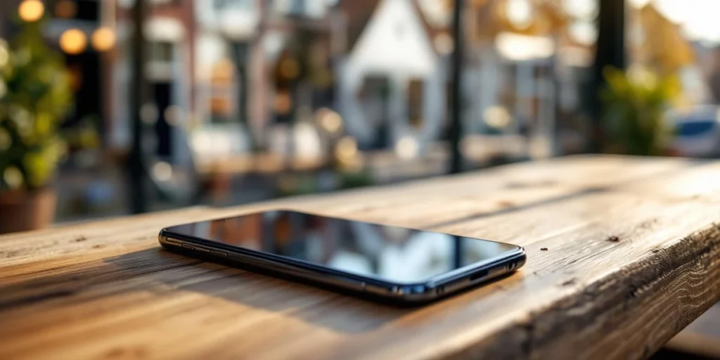 Smartphone met interactieve 360-graden advertentie op scherm, op houten bureau met koffie en Nederlandse grachten op achtergrond