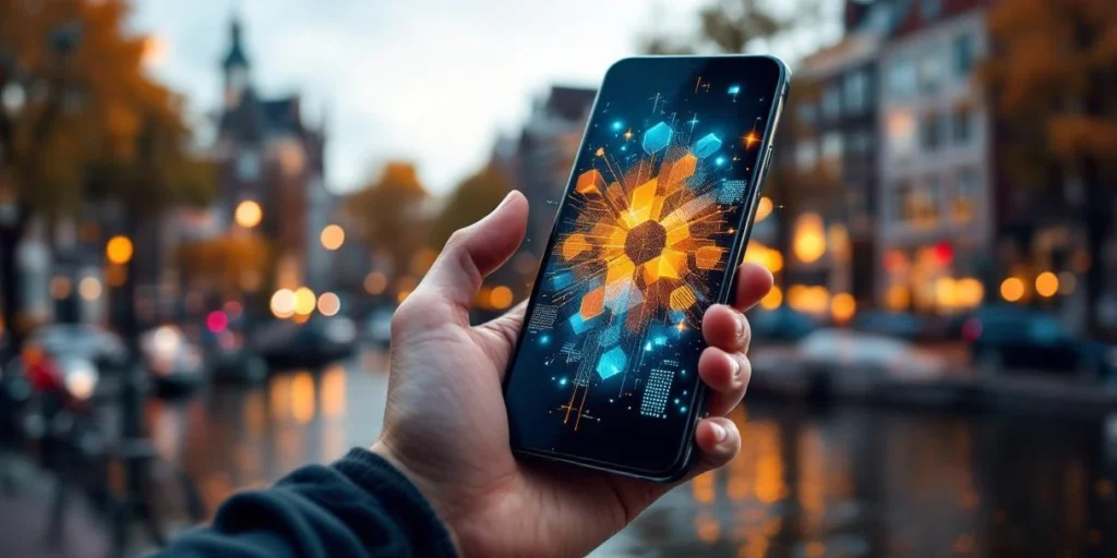 Moderne smartphone met kleurrijke digitale advertentie-elementen op scherm, Amsterdamse grachtenhuizen op achtergrond