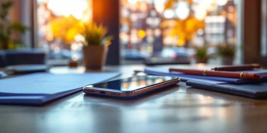 Smartphone met kleurrijke advertenties op houten bureau in Nederlands kantoor met grachtenhuizen op achtergrond