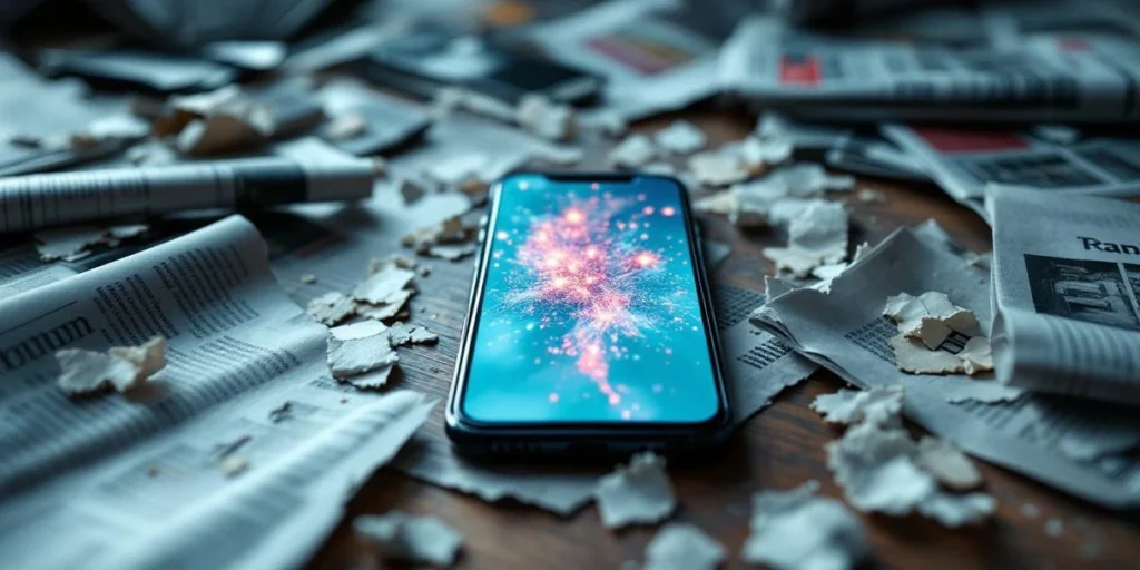 Moderne smartphone met kleurrijke advertenties op houten bureau omringd door Nederlandse kranten en tijdschriften