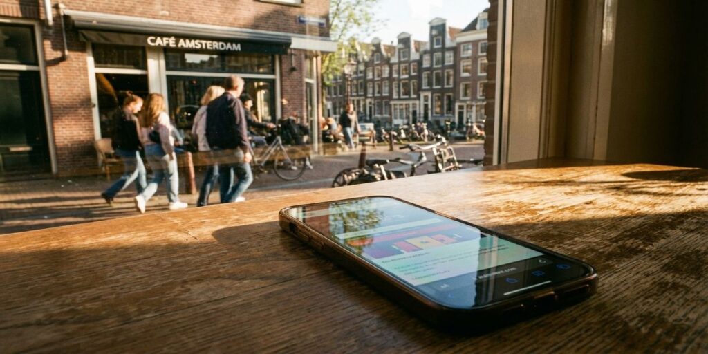Moderne smartphone op houten cafétafel toont verlichte website, Amsterdam grachtenpanden weerspiegeld in scherm